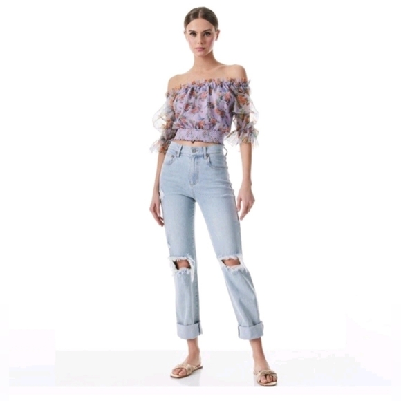 ALICE + OLIVIA Caprina Silk Puff Sleeve Off Shoulder Crop Top Size Small NWOT - Picture 7 of 15